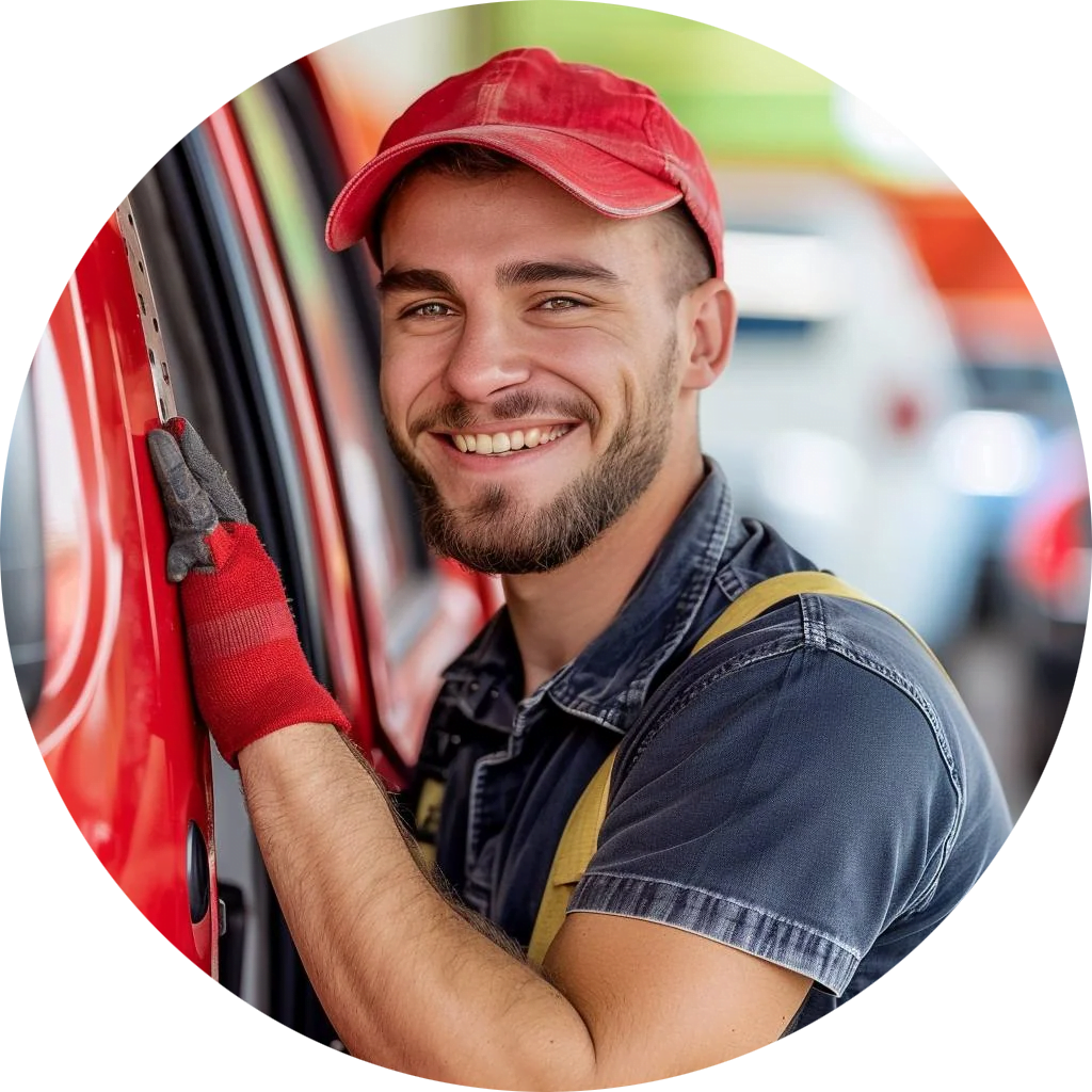 Lächelnder Schlüsseldienst öffnet das Auto