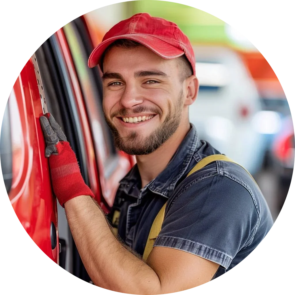 Lächelnder Schlüsseldienst öffnet das Auto